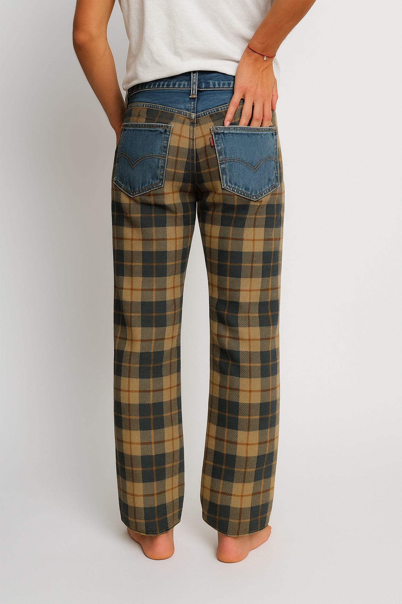 Vintage Plaid Patchwork Jeans – Beige & Navy Edition