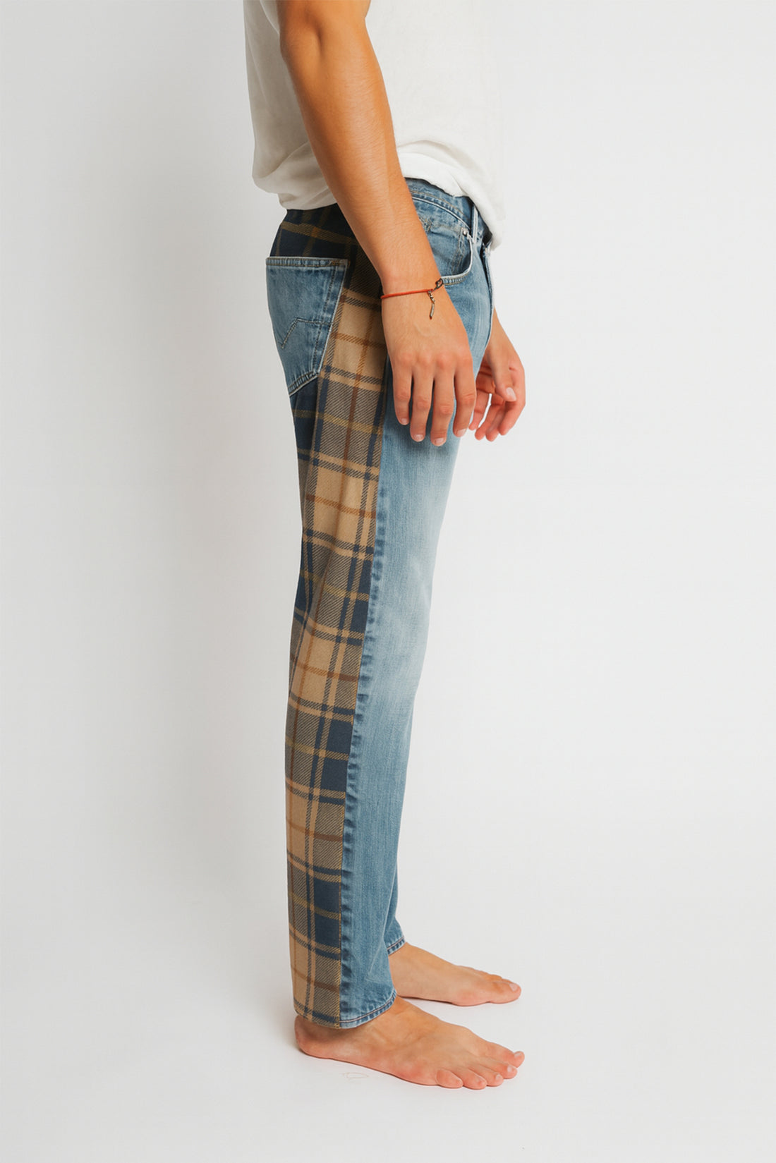 Vintage Plaid Patchwork Jeans – Beige & Navy Edition