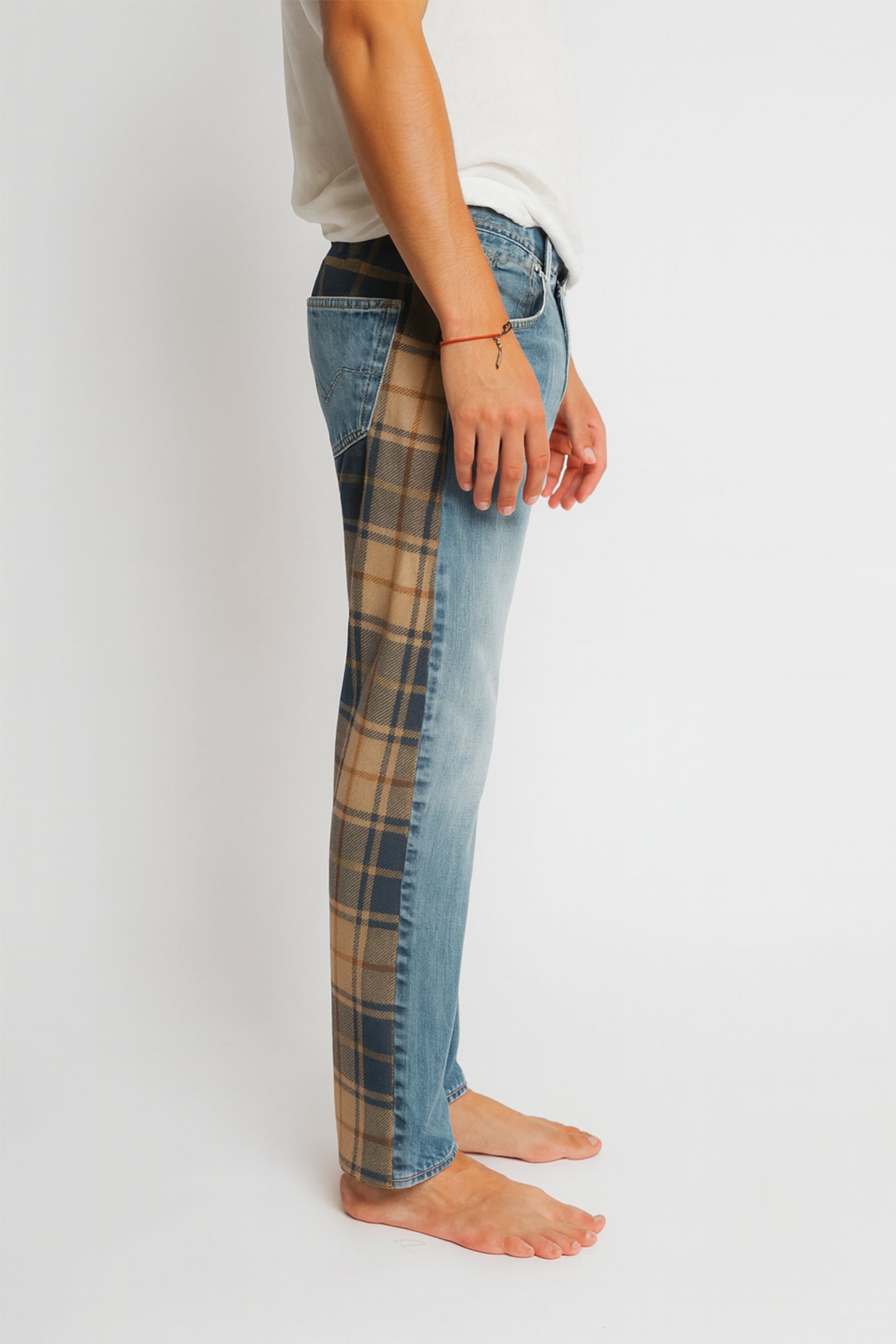 Vintage Plaid Patchwork Jeans – Beige & Navy Edition